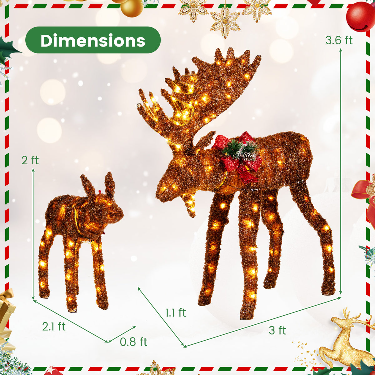 2 Pieces Lighted Moose Family with 170 LED Lights and Zip Ties-Christmas Decorations & Accessories-DECOROLALA