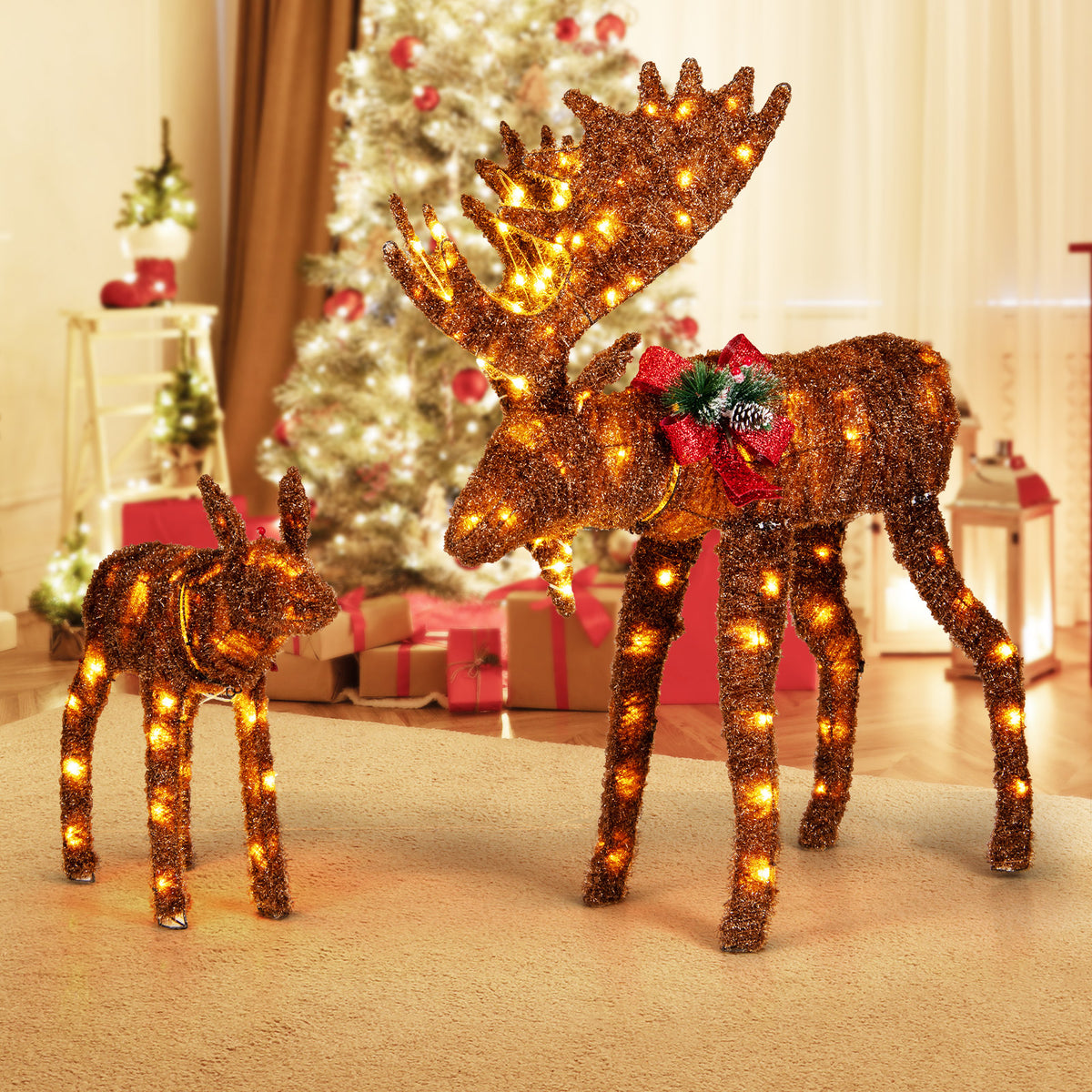 2 Pieces Lighted Moose Family with 170 LED Lights and Zip Ties-Christmas Decorations & Accessories-DECOROLALA