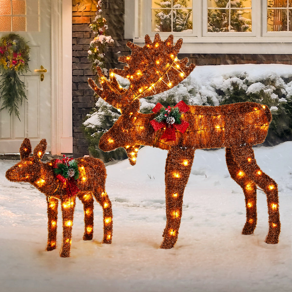 2 Pieces Lighted Moose Family with 170 LED Lights and Zip Ties-Christmas Decorations & Accessories-DECOROLALA