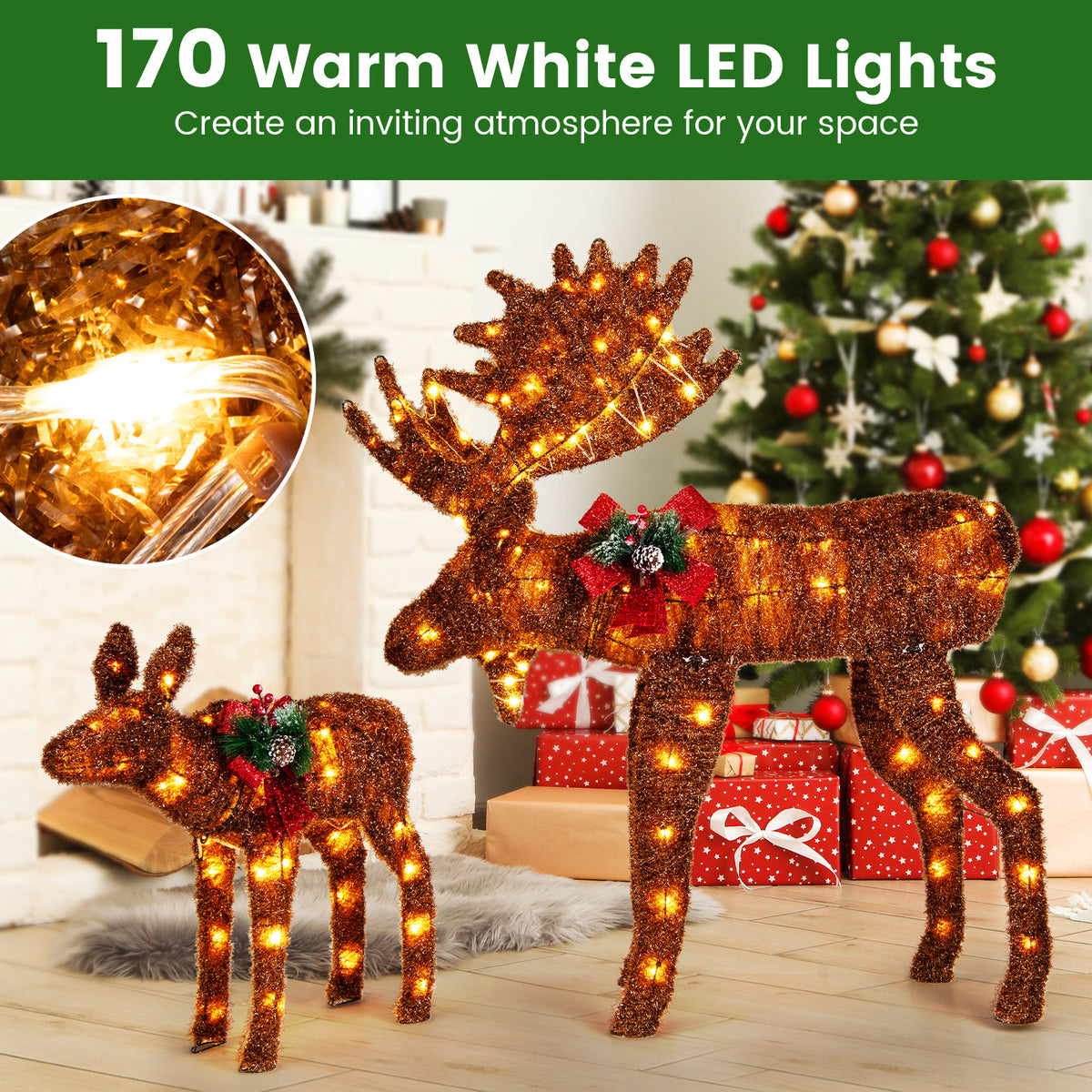 2 Pieces Lighted Moose Family with 170 LED Lights and Zip Ties-Christmas Decorations & Accessories-DECOROLALA