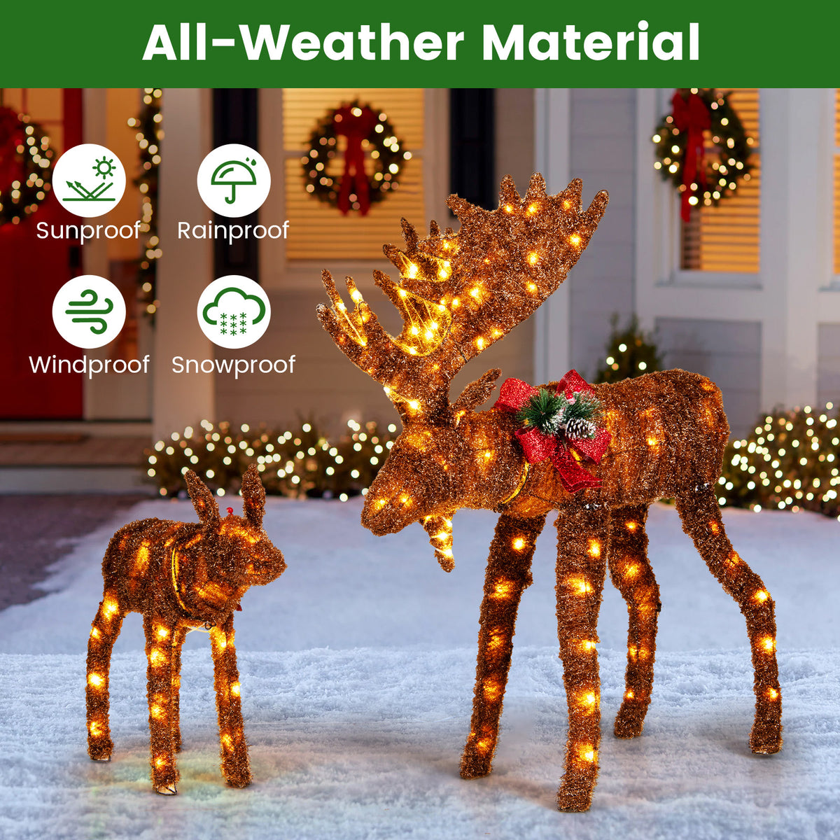 2 Pieces Lighted Moose Family with 170 LED Lights and Zip Ties-Christmas Decorations & Accessories-DECOROLALA