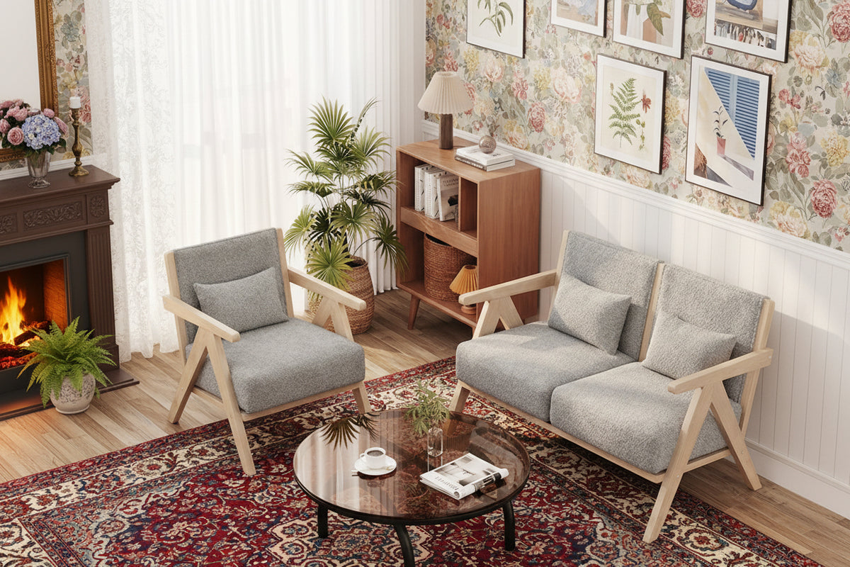 2 Pieces Living Room Furniture Set with Rubber Wood Frame-Gray-Sofas & Loveseats-DECOROLALA
