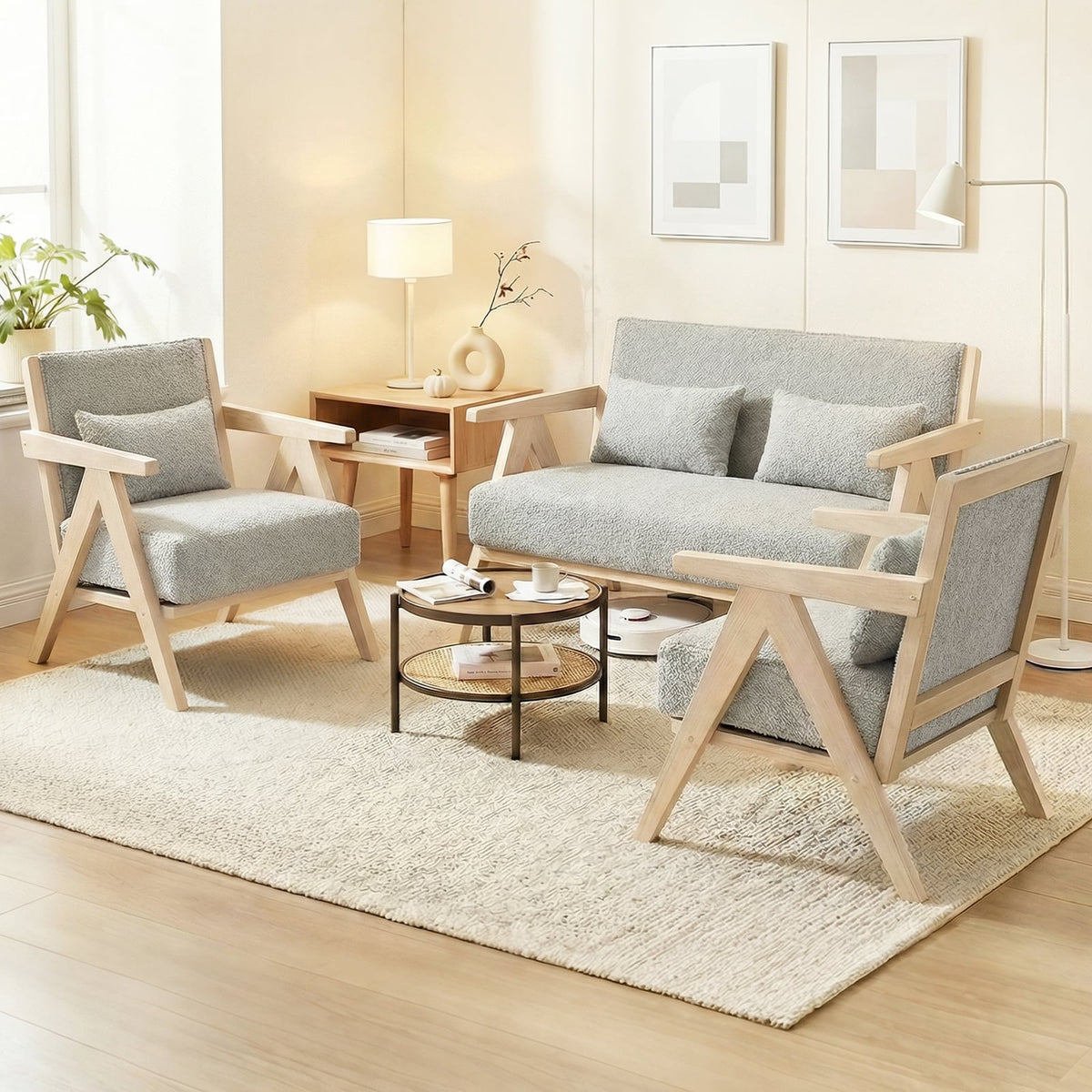 2 Pieces Living Room Furniture Set with Rubber Wood Frame-Gray-Sofas & Loveseats-DECOROLALA
