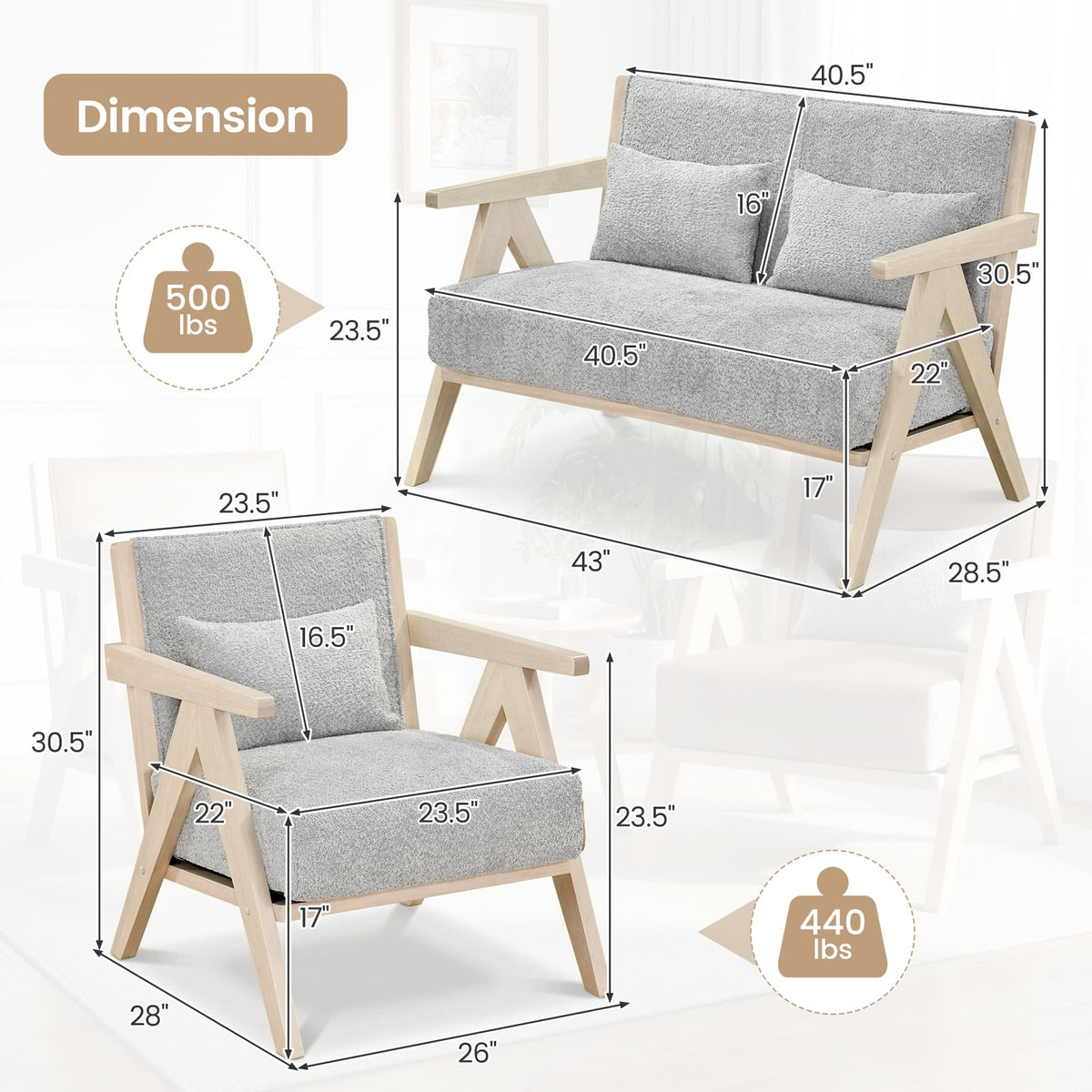 2 Pieces Living Room Furniture Set with Rubber Wood Frame-Gray-Sofas & Loveseats-DECOROLALA