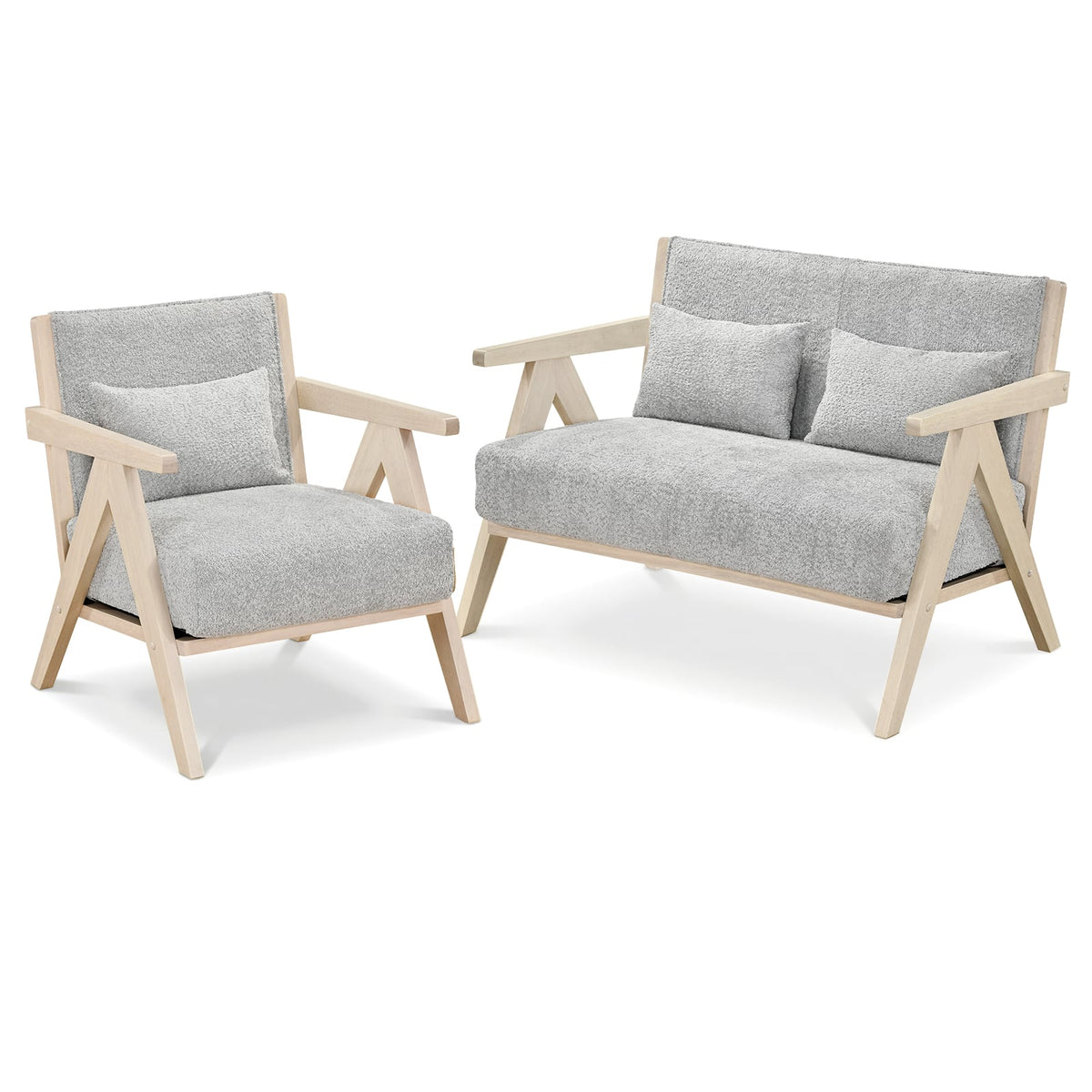 2 Pieces Living Room Furniture Set with Rubber Wood Frame-Gray-Sofas & Loveseats-DECOROLALA