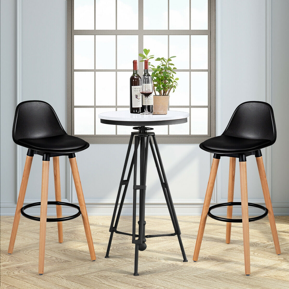 2 Pieces Mid Century Barstool 28.5 Inches Dining Pub Chair-Black-Bar Stools-DECOROLALA