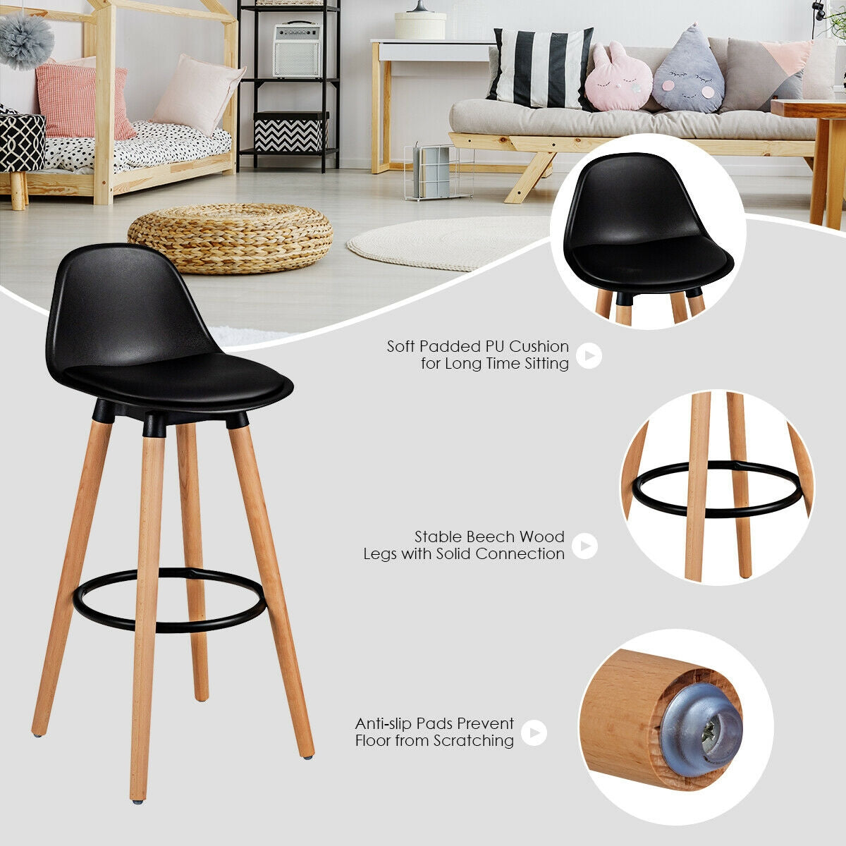 2 Pieces Mid Century Barstool 28.5 Inches Dining Pub Chair-Black-Bar Stools-DECOROLALA