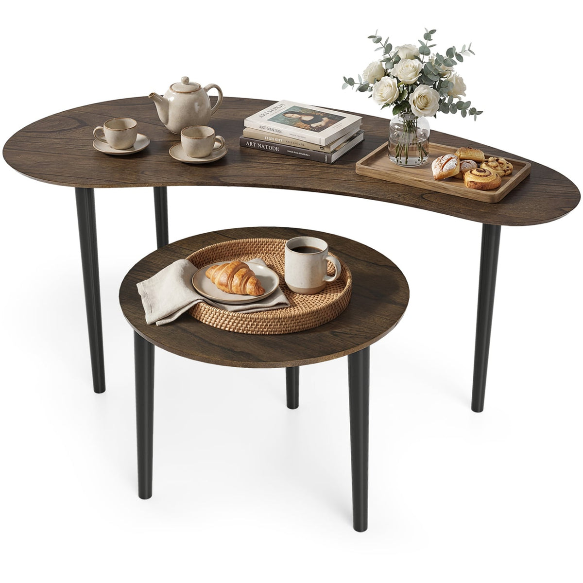 2 Pieces Mid Century Nesting Tables with Rubber Wood Legs-Walnut-Coffee Tables-DECOROLALA