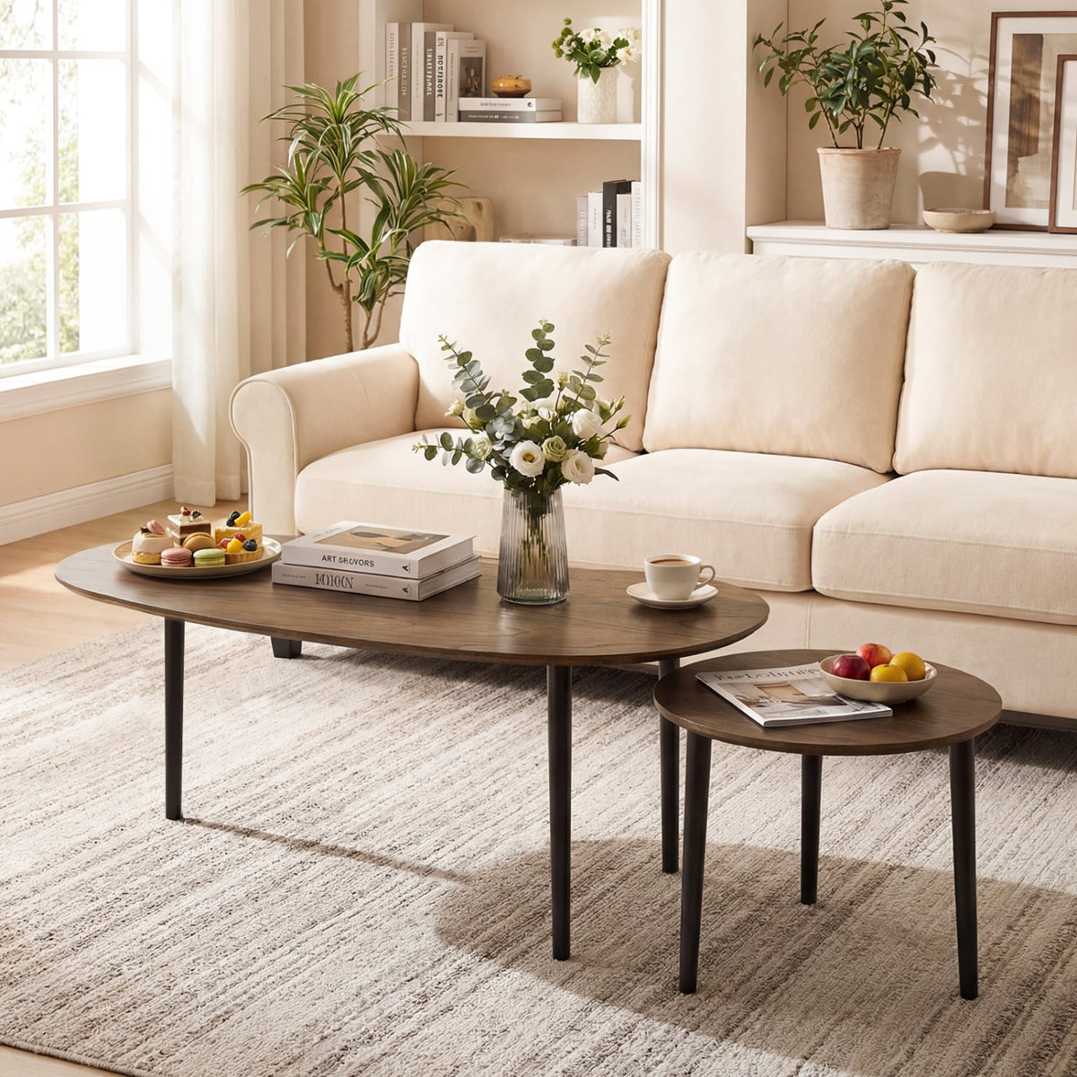 2 Pieces Mid Century Nesting Tables with Rubber Wood Legs-Walnut-Coffee Tables-DECOROLALA