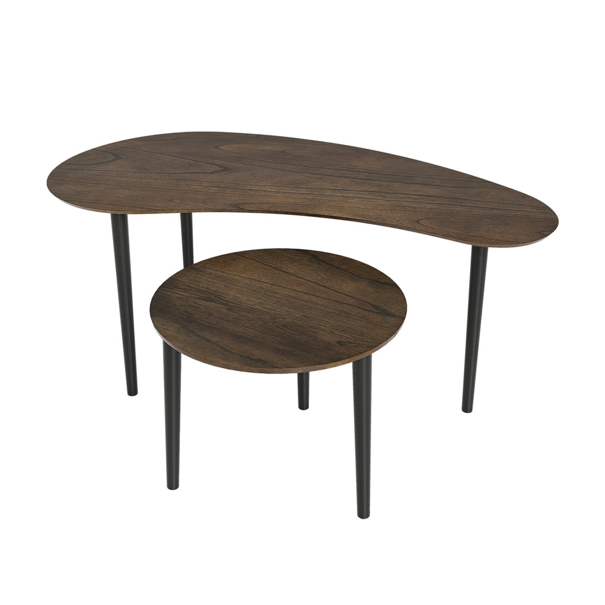 2 Pieces Mid Century Nesting Tables with Rubber Wood Legs-Walnut-Coffee Tables-DECOROLALA