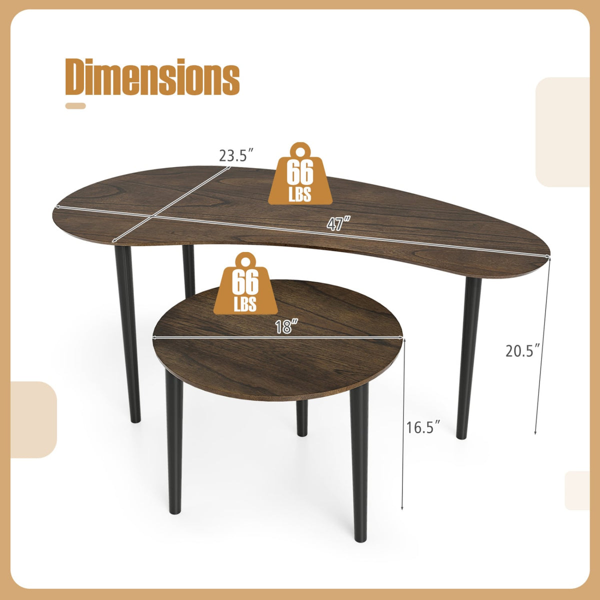 2 Pieces Mid Century Nesting Tables with Rubber Wood Legs-Walnut-Coffee Tables-DECOROLALA