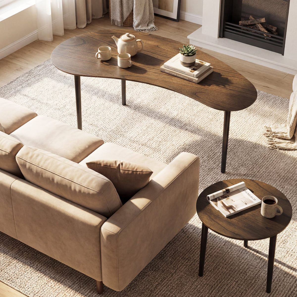 2 Pieces Mid Century Nesting Tables with Rubber Wood Legs-Walnut-Coffee Tables-DECOROLALA