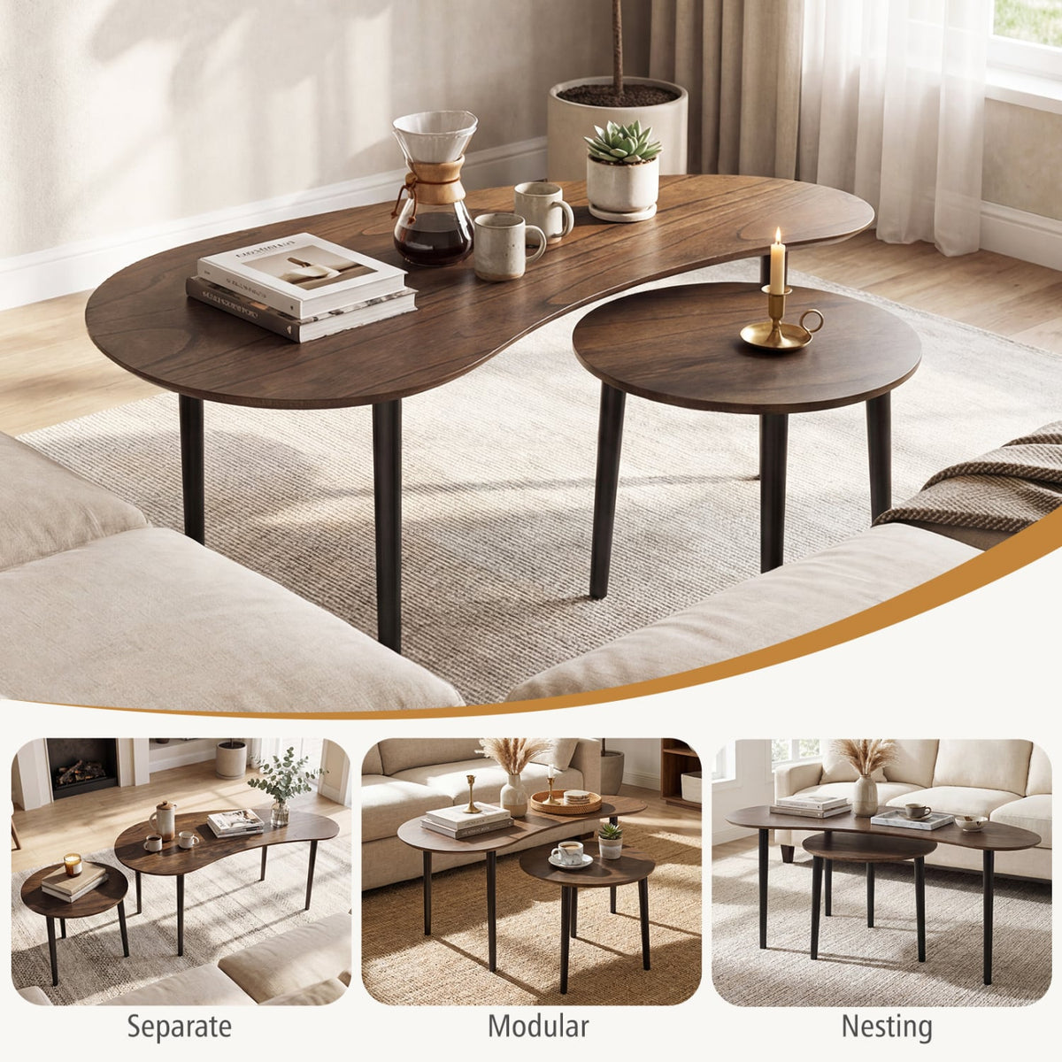 2 Pieces Mid Century Nesting Tables with Rubber Wood Legs-Walnut-Coffee Tables-DECOROLALA