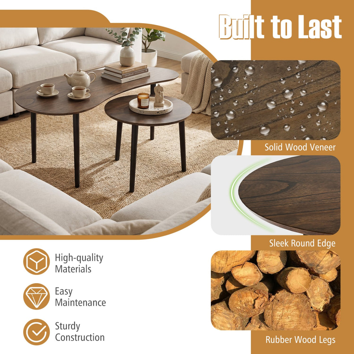 2 Pieces Mid Century Nesting Tables with Rubber Wood Legs-Walnut-Coffee Tables-DECOROLALA