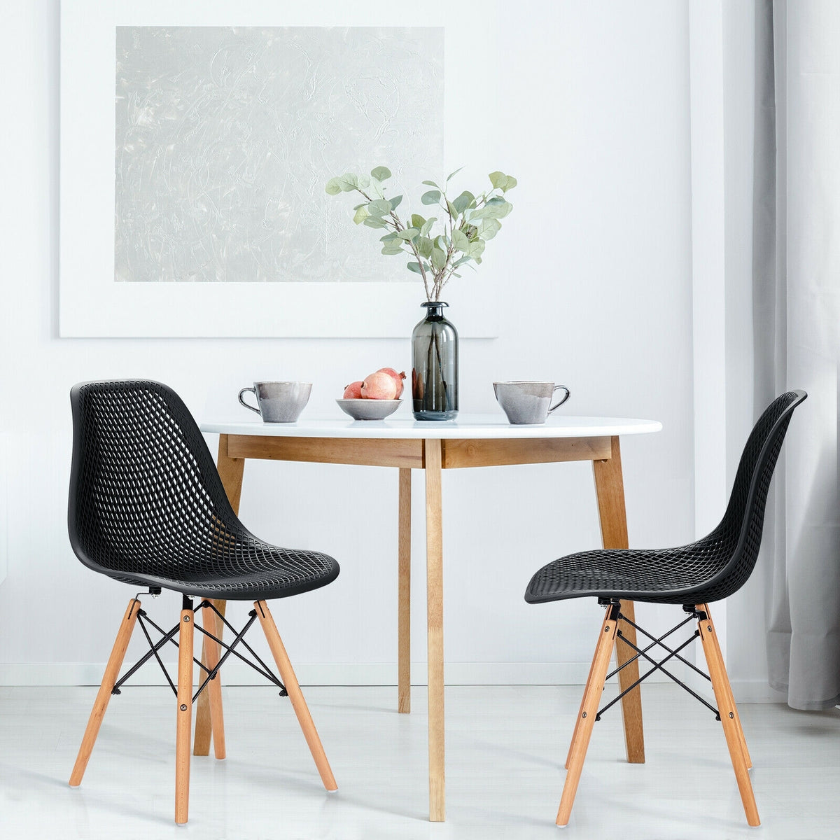 2 Pieces Modern Plastic Hollow Chair Set with Wood Leg-Black-Dining Chairs-DECOROLALA