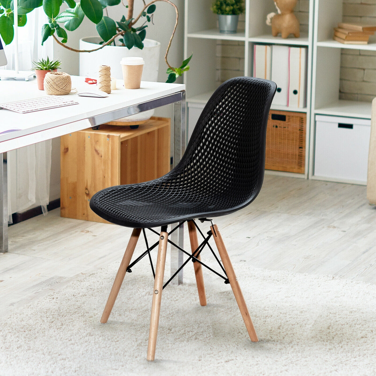 2 Pieces Modern Plastic Hollow Chair Set with Wood Leg-Black-Dining Chairs-DECOROLALA