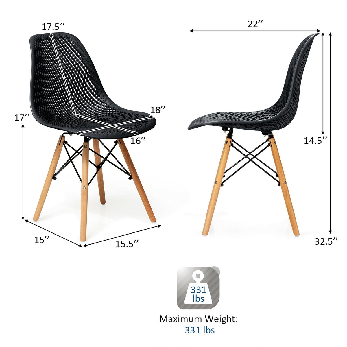 2 Pieces Modern Plastic Hollow Chair Set with Wood Leg-Black-Dining Chairs-DECOROLALA
