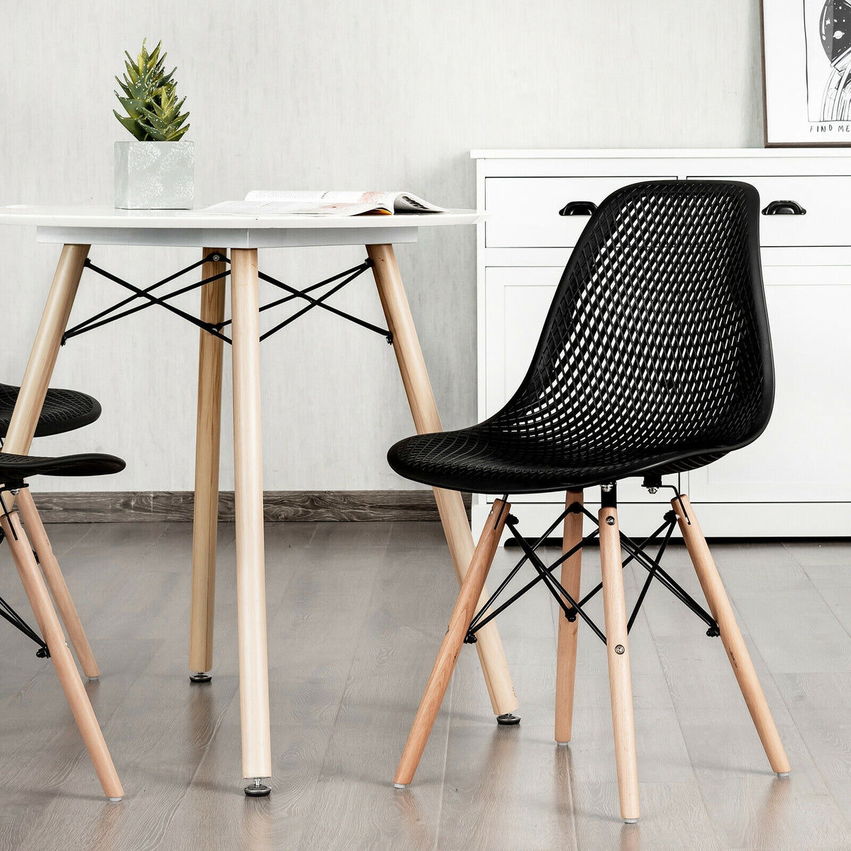 2 Pieces Modern Plastic Hollow Chair Set with Wood Leg-Black-Dining Chairs-DECOROLALA