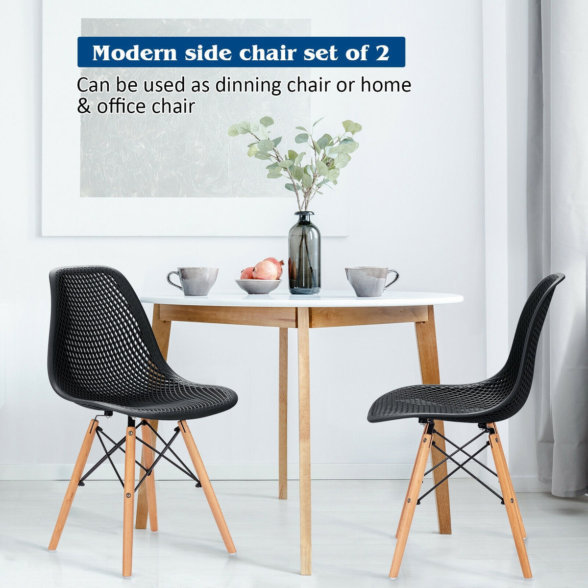 2 Pieces Modern Plastic Hollow Chair Set with Wood Leg-Black-Dining Chairs-DECOROLALA
