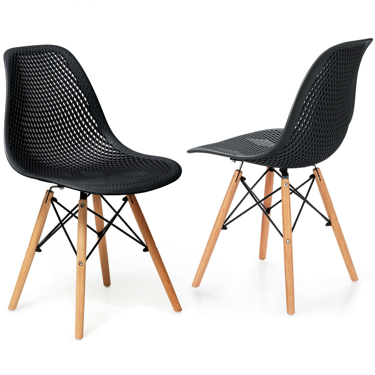 2 Pieces Modern Plastic Hollow Chair Set with Wood Leg-Black-Dining Chairs-DECOROLALA