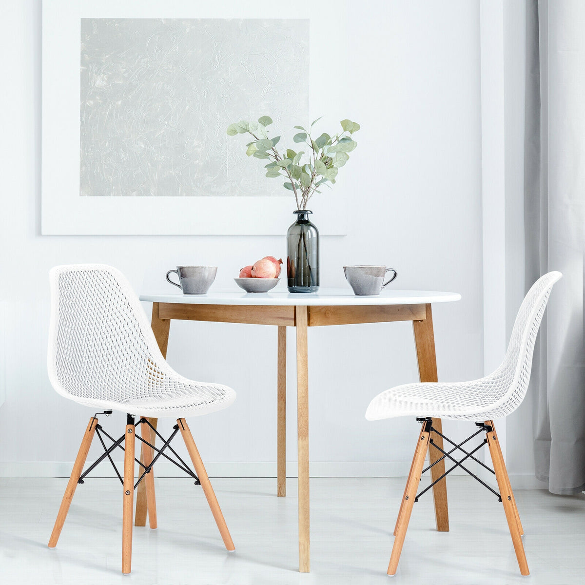 2 Pieces Modern Plastic Hollow Chair Set with Wood Leg-White-Dining Chairs-DECOROLALA