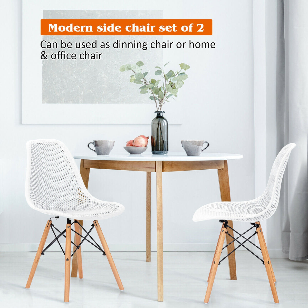 2 Pieces Modern Plastic Hollow Chair Set with Wood Leg-White-Dining Chairs-DECOROLALA