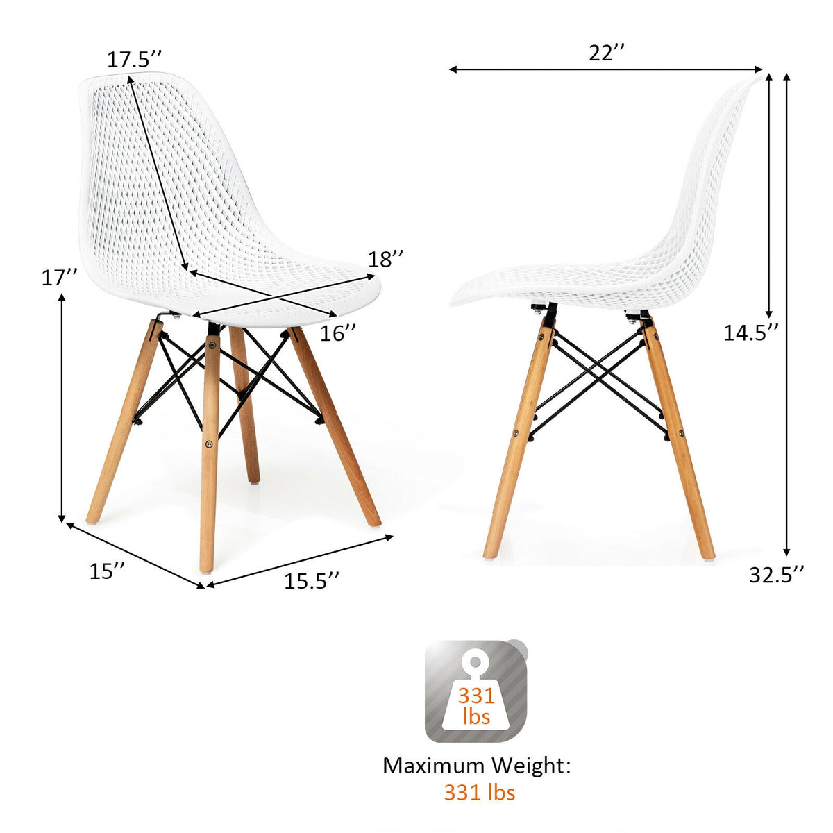 2 Pieces Modern Plastic Hollow Chair Set with Wood Leg-White-Dining Chairs-DECOROLALA