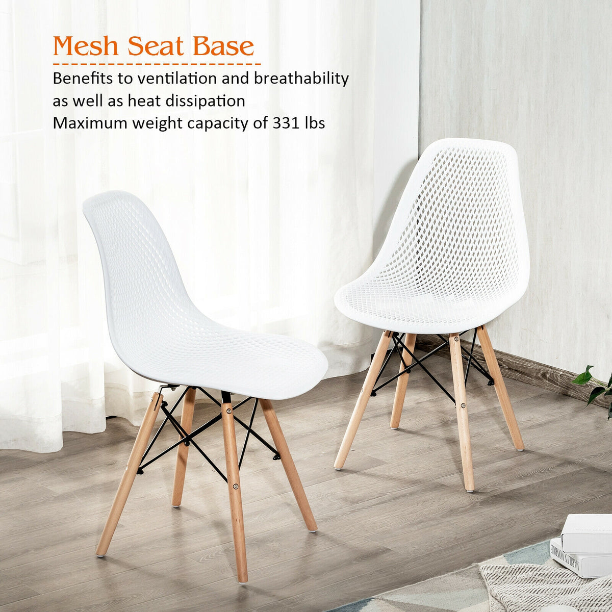2 Pieces Modern Plastic Hollow Chair Set with Wood Leg-White-Dining Chairs-DECOROLALA
