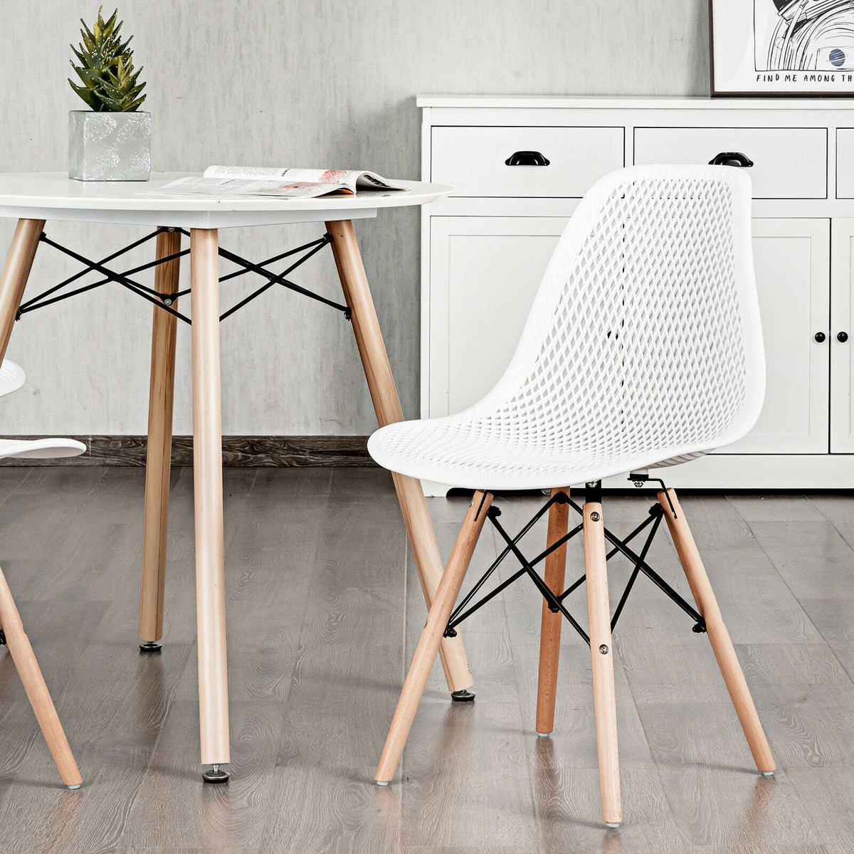 2 Pieces Modern Plastic Hollow Chair Set with Wood Leg-White-Dining Chairs-DECOROLALA