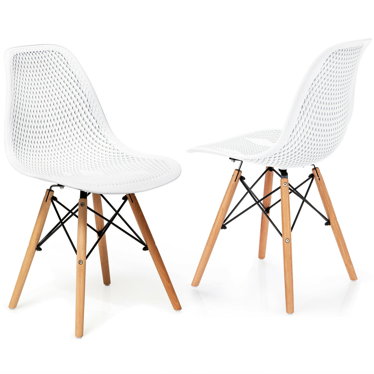 2 Pieces Modern Plastic Hollow Chair Set with Wood Leg-White-Dining Chairs-DECOROLALA