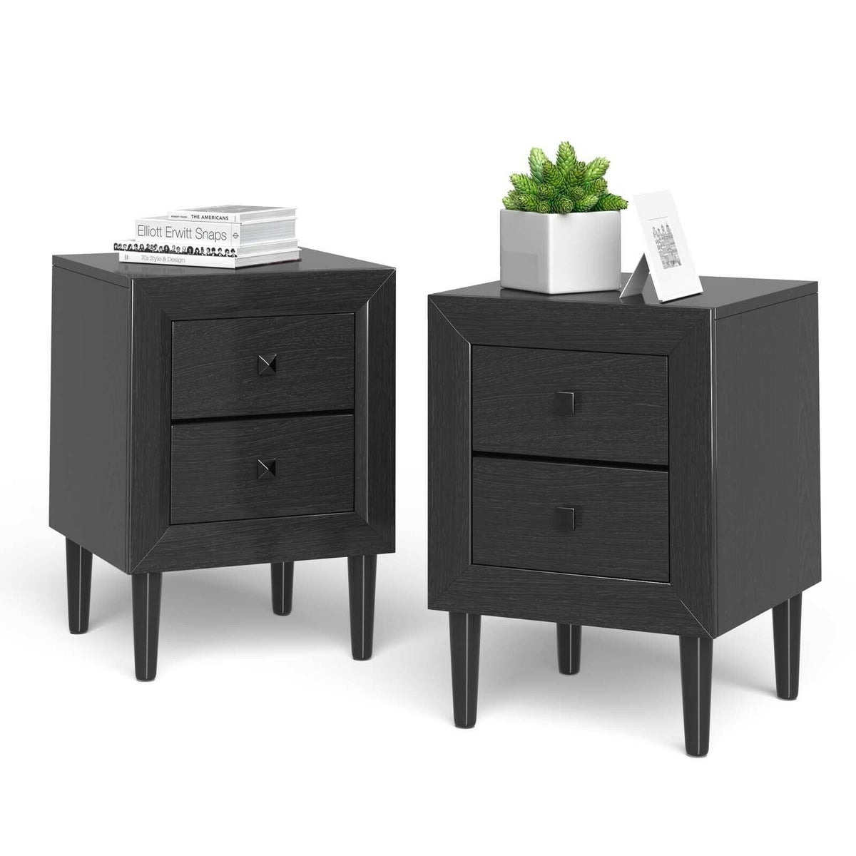 2 Pieces Multipurpose Retro Nightstand with 2 Drawers-Black-Nightstands-DECOROLALA