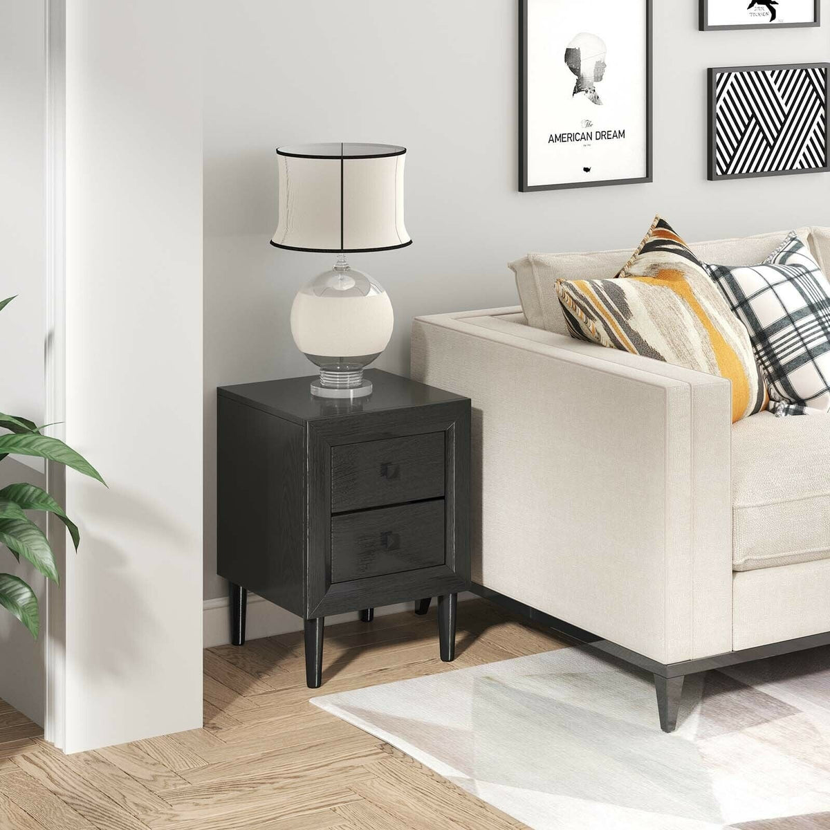 2 Pieces Multipurpose Retro Nightstand with 2 Drawers-Black-Nightstands-DECOROLALA