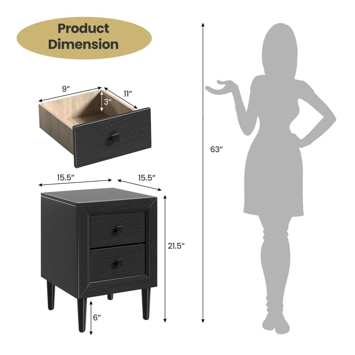 2 Pieces Multipurpose Retro Nightstand with 2 Drawers-Black-Nightstands-DECOROLALA