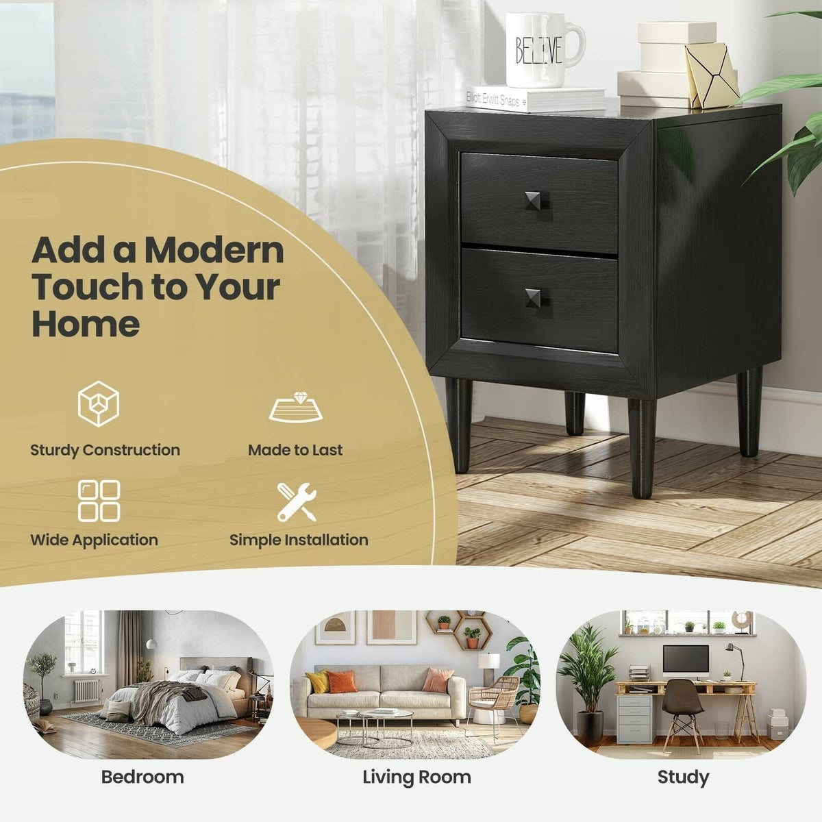 2 Pieces Multipurpose Retro Nightstand with 2 Drawers-Black-Nightstands-DECOROLALA
