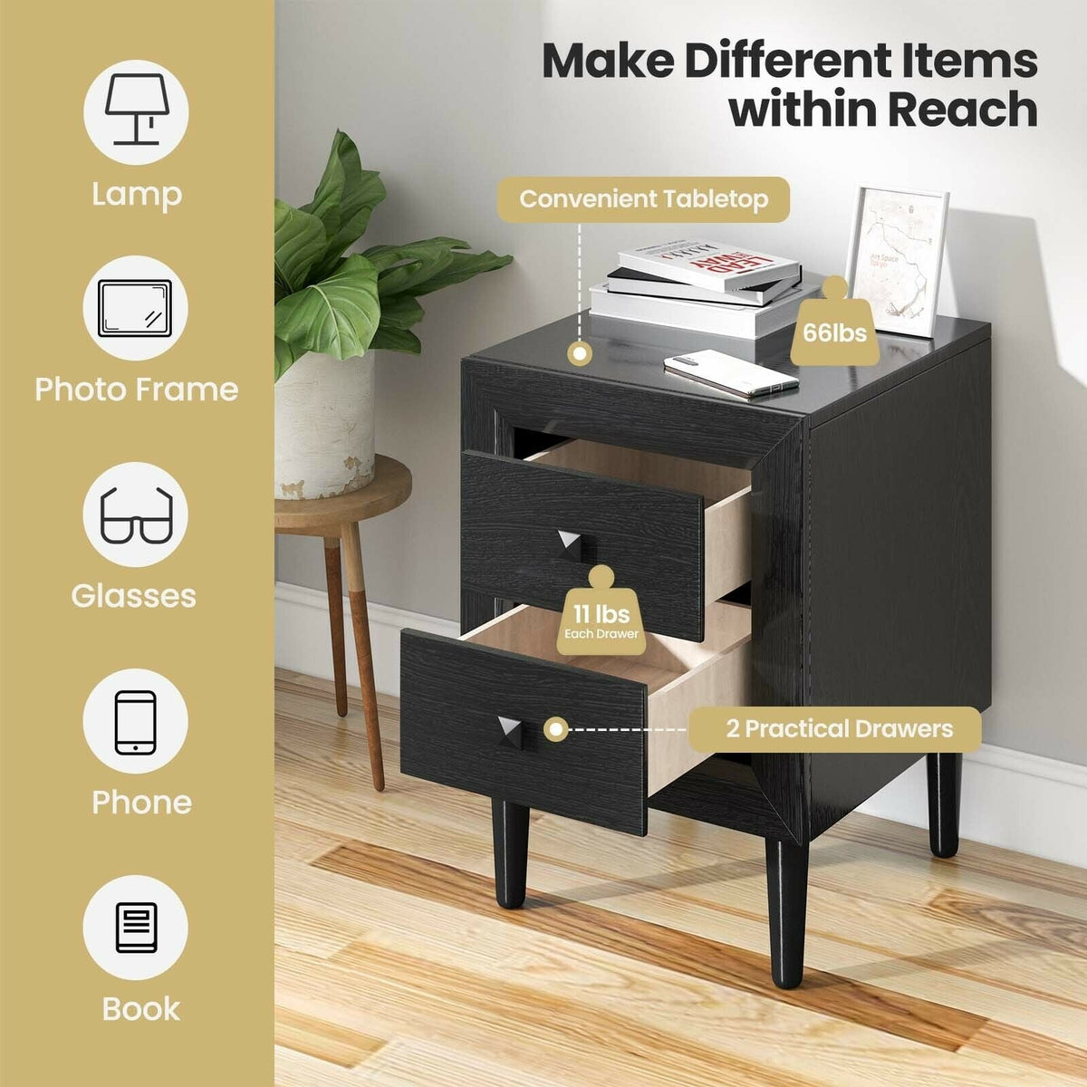 2 Pieces Multipurpose Retro Nightstand with 2 Drawers-Black-Nightstands-DECOROLALA
