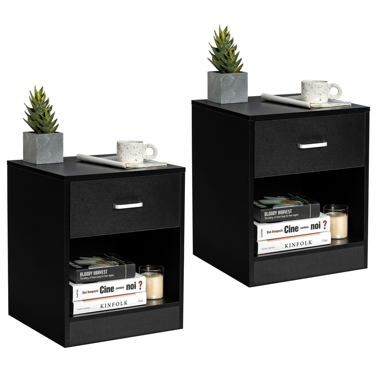 2 Pieces Nightstand with Storage Drawer and Cabinet-Black-Nightstands-DECOROLALA