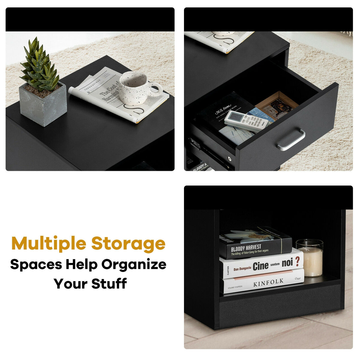 2 Pieces Nightstand with Storage Drawer and Cabinet-Black-Nightstands-DECOROLALA