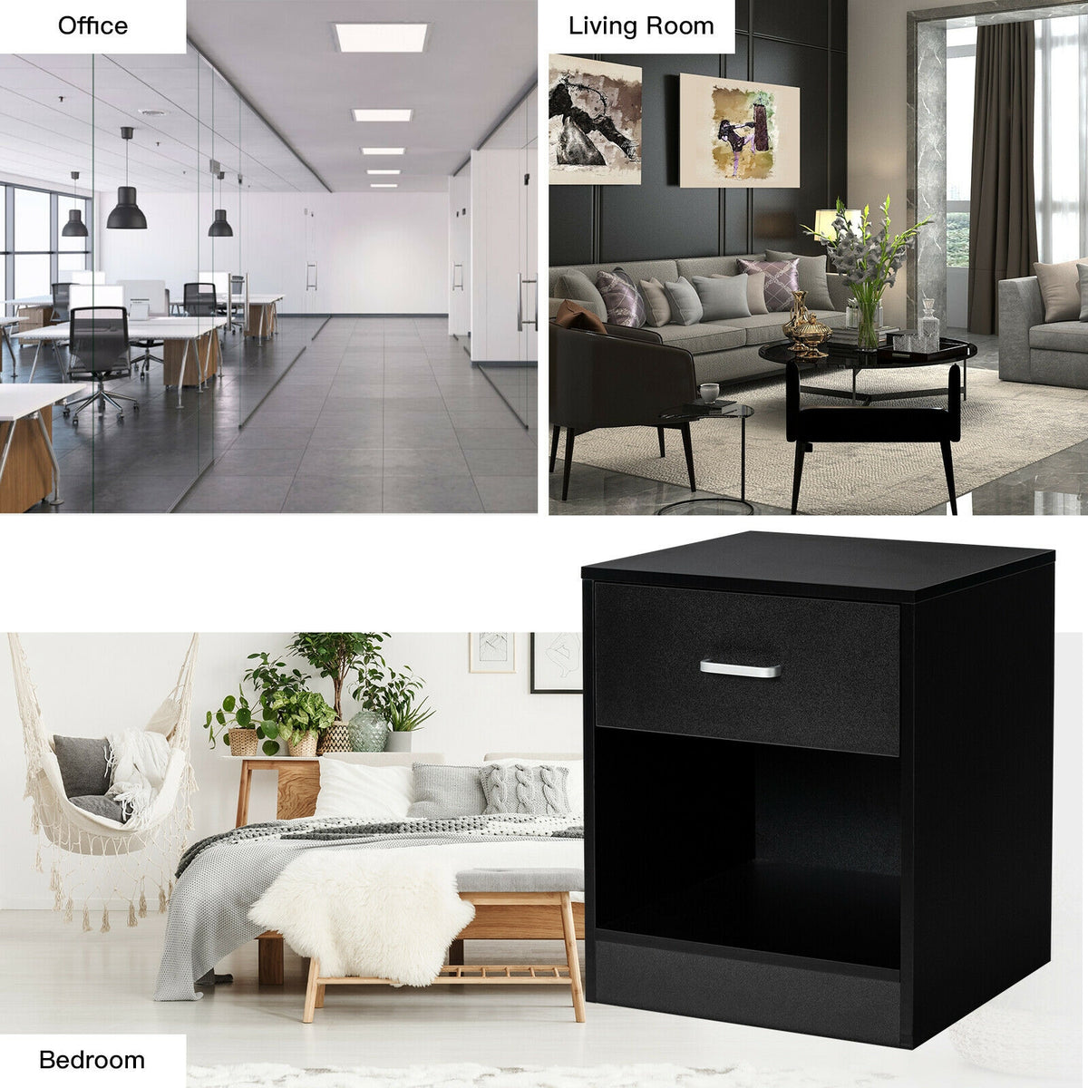 2 Pieces Nightstand with Storage Drawer and Cabinet-Black-Nightstands-DECOROLALA