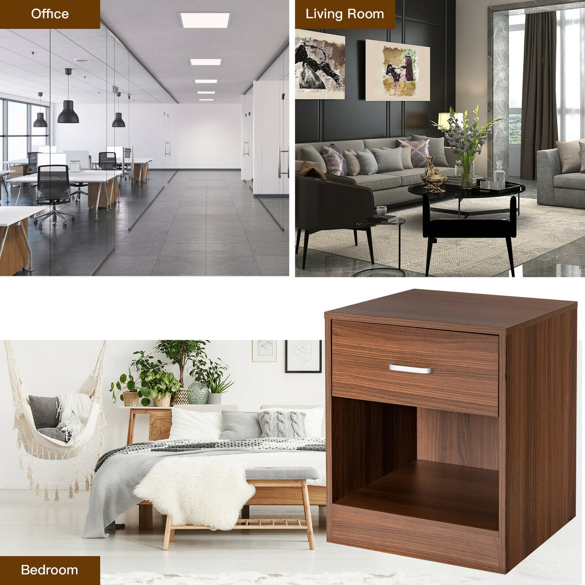 2 Pieces Nightstand with Storage Drawer and Cabinet-Brown-Nightstands-DECOROLALA