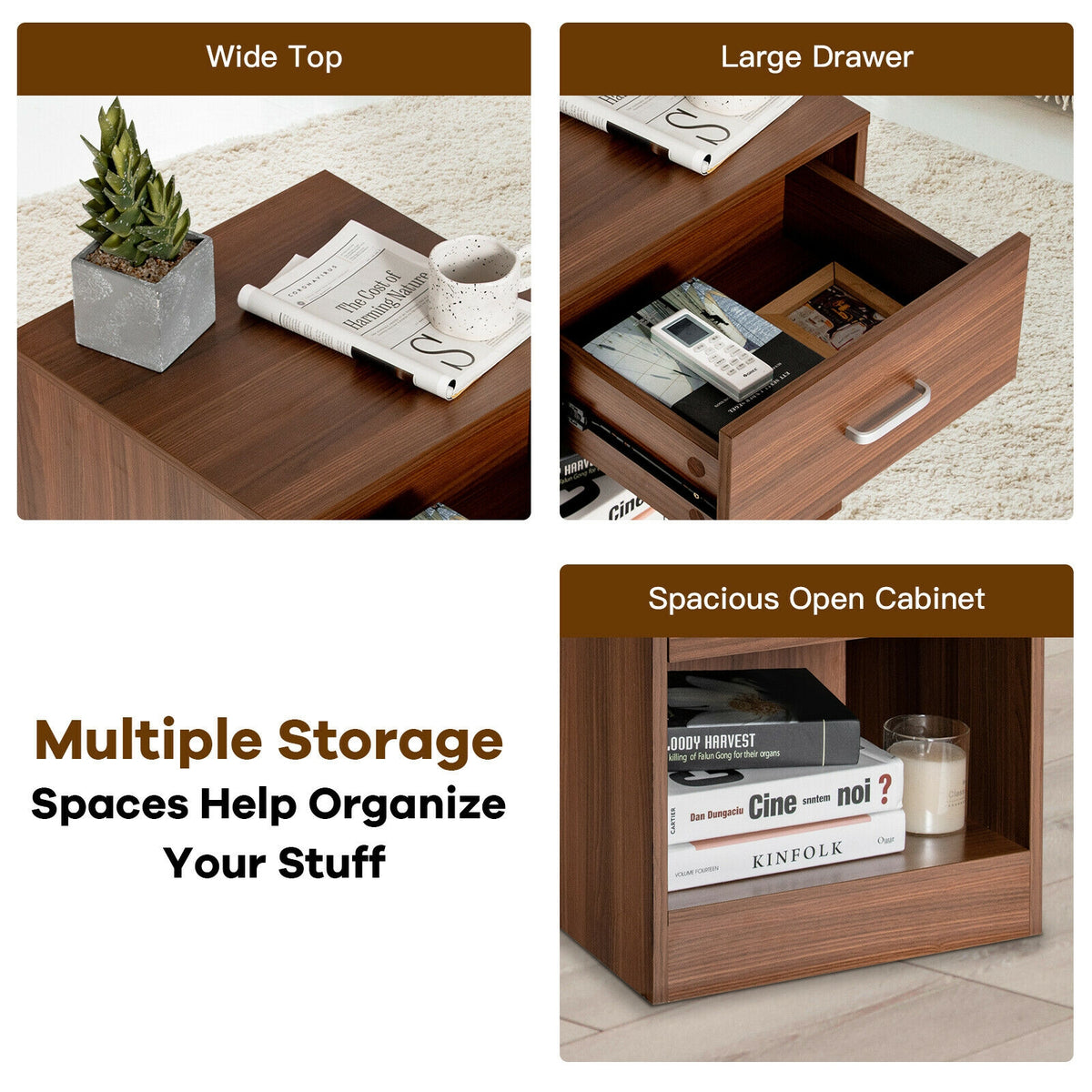 2 Pieces Nightstand with Storage Drawer and Cabinet-Brown-Nightstands-DECOROLALA