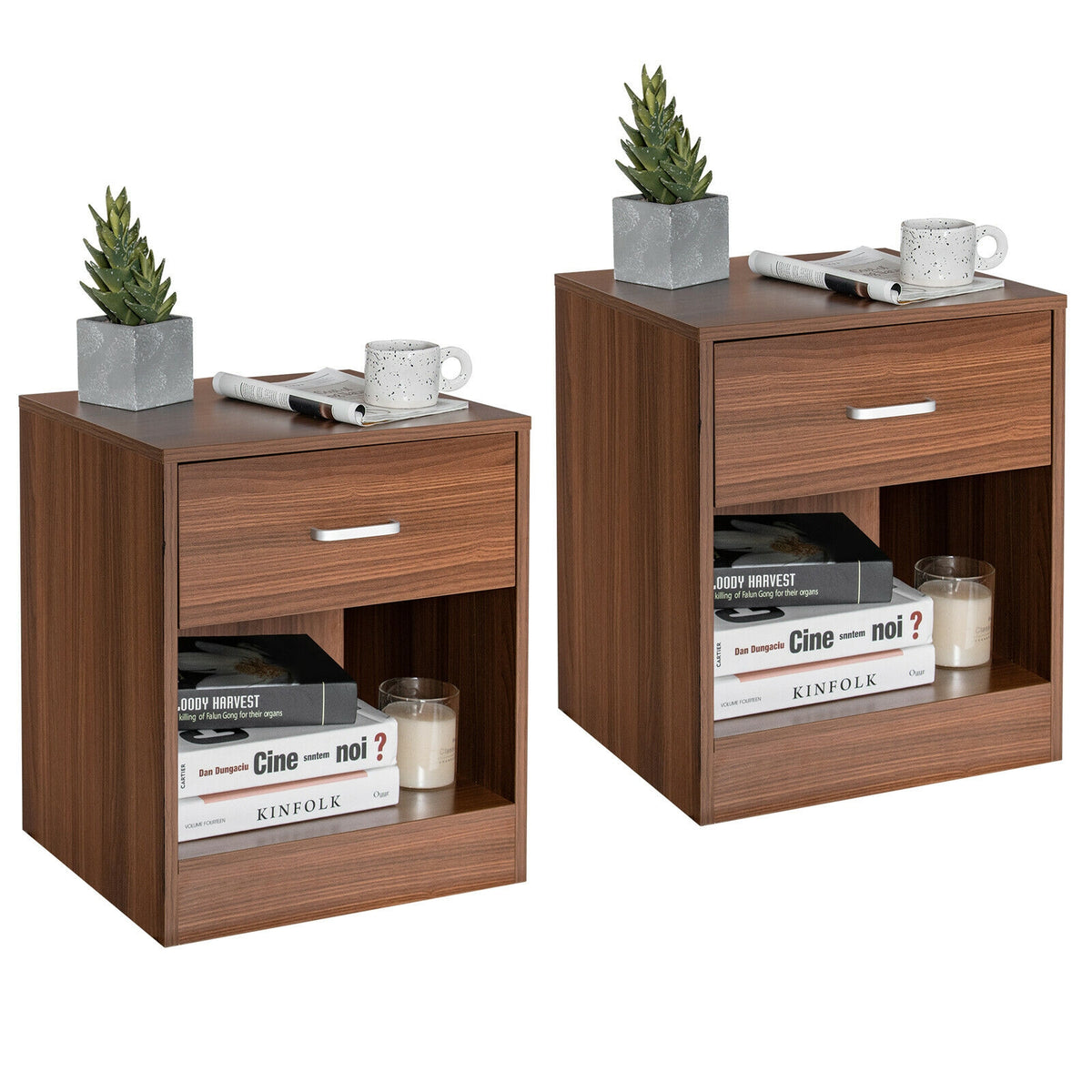 2 Pieces Nightstand with Storage Drawer and Cabinet-Brown-Nightstands-DECOROLALA