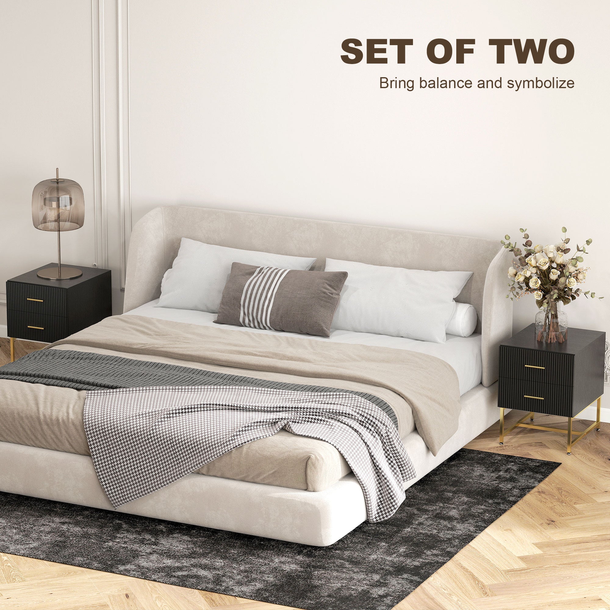 2 Pieces Nightstands with Storage, Modern Bedside Tables with 2 Fluted Drawers and Gold Legs for Bedroom, Black-Home Furnishings > Bedroom Furniture > Bedside Tables-DECOROLALA