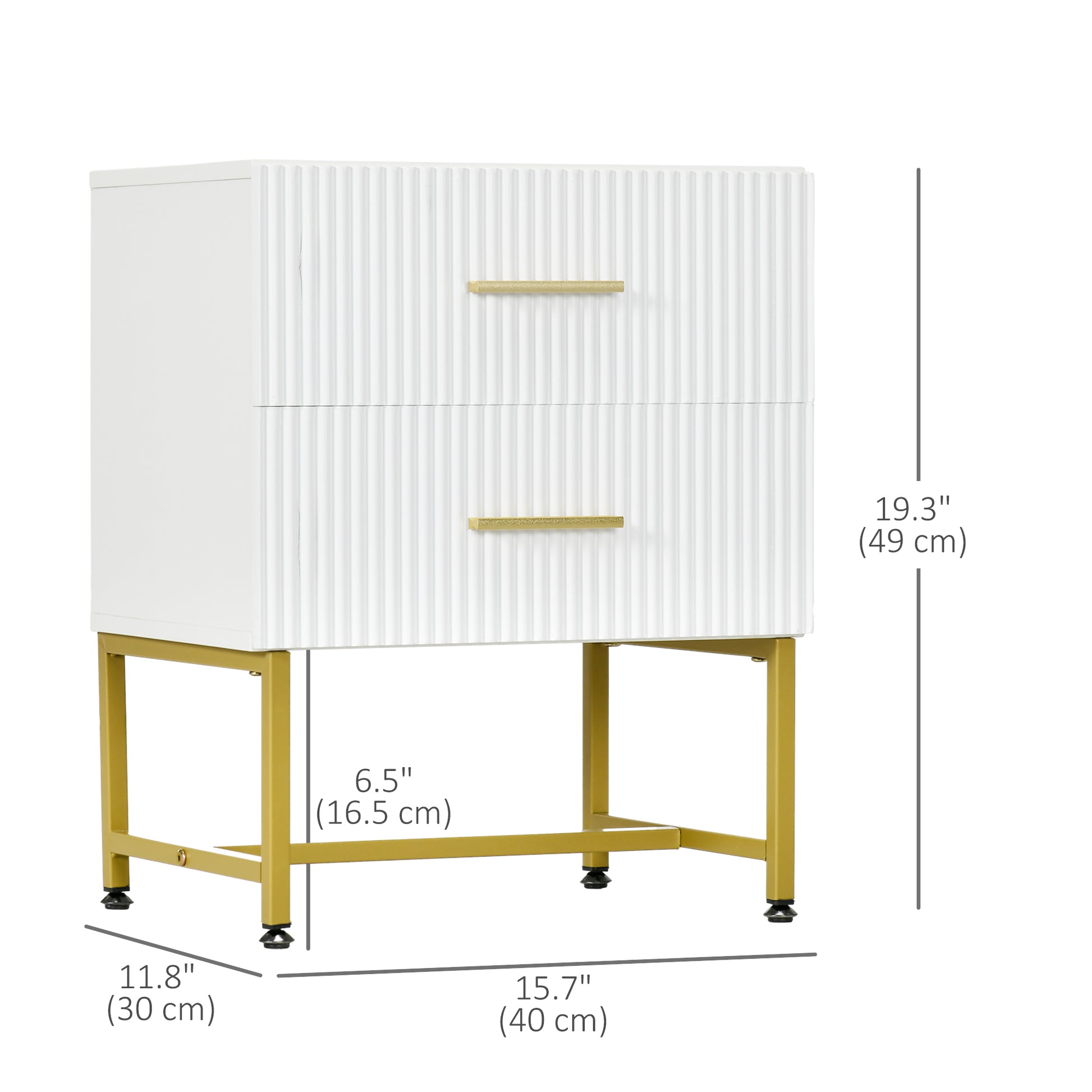 2 Pieces Nightstands with Storage, Modern Bedside Tables with 2 Fluted Drawers and Gold Legs for Bedroom, White-Home Furnishings > Bedroom Furniture > Bedside Tables-DECOROLALA