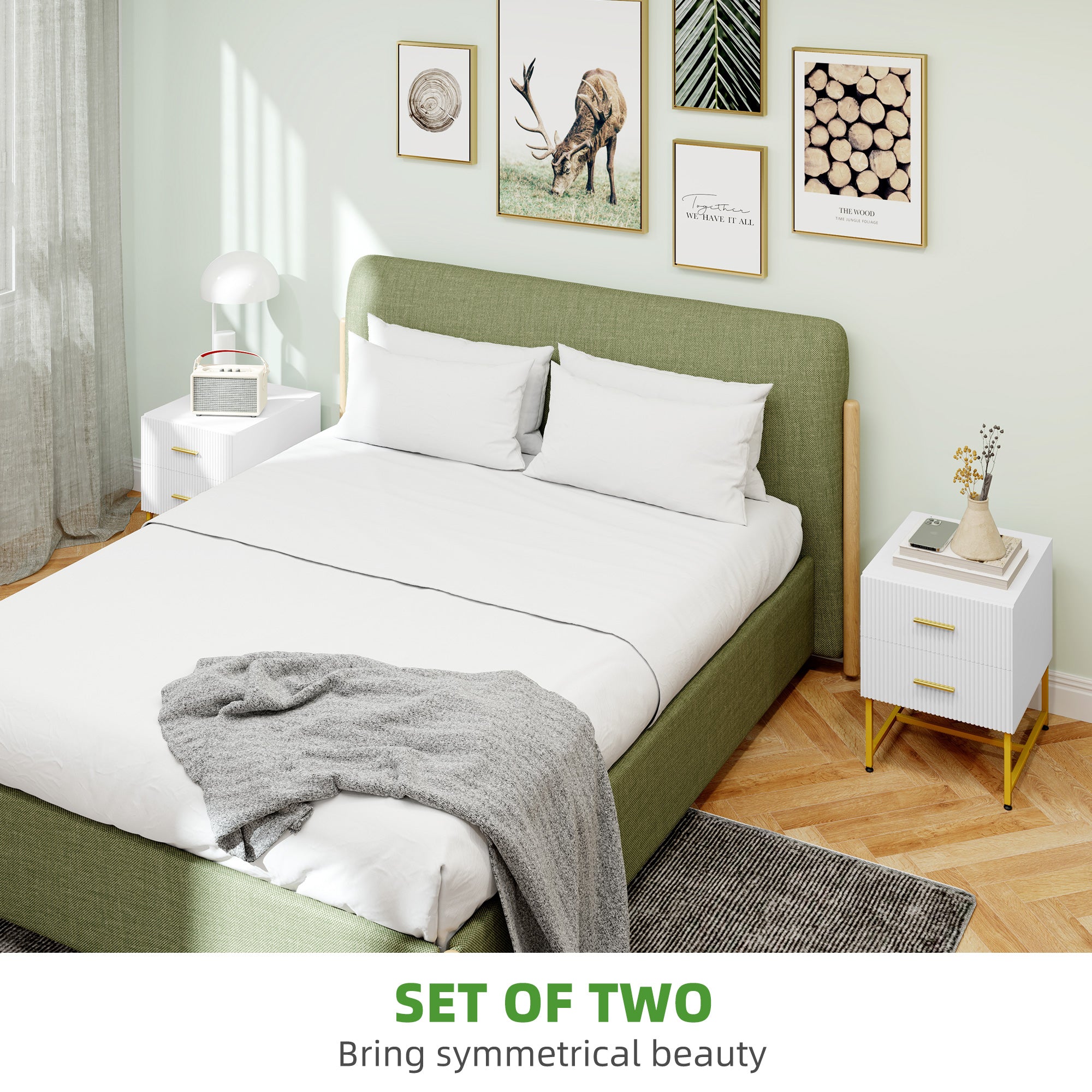 2 Pieces Nightstands with Storage, Modern Bedside Tables with 2 Fluted Drawers and Gold Legs for Bedroom, White-Home Furnishings > Bedroom Furniture > Bedside Tables-DECOROLALA