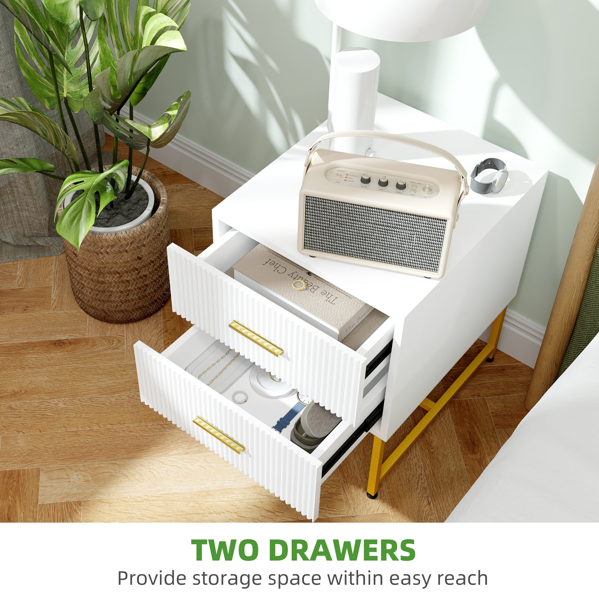 2 Pieces Nightstands with Storage, Modern Bedside Tables with 2 Fluted Drawers and Gold Legs for Bedroom, White-Home Furnishings > Bedroom Furniture > Bedside Tables-DECOROLALA