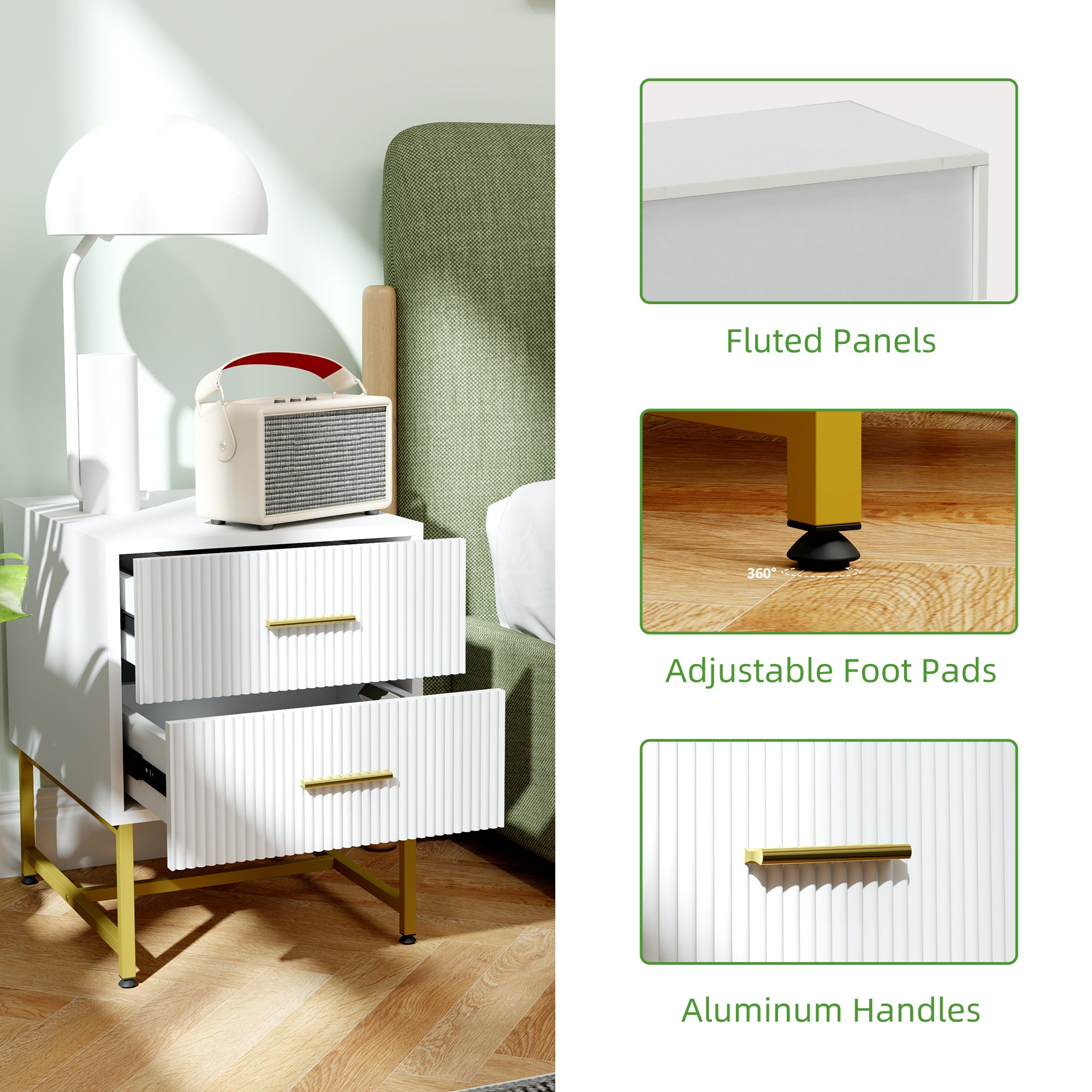2 Pieces Nightstands with Storage, Modern Bedside Tables with 2 Fluted Drawers and Gold Legs for Bedroom, White-Home Furnishings > Bedroom Furniture > Bedside Tables-DECOROLALA