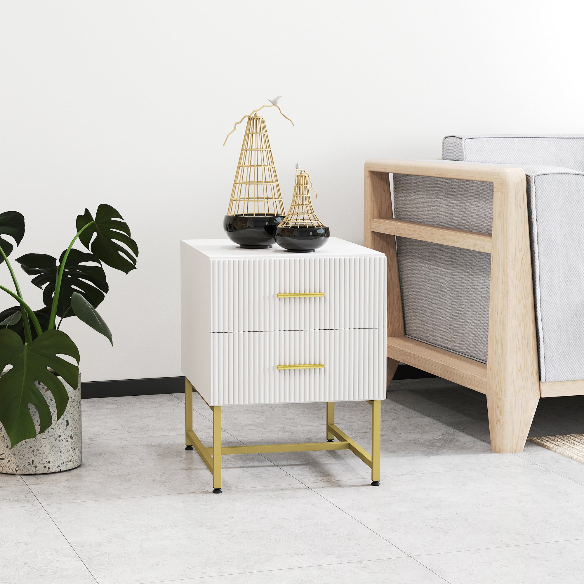2 Pieces Nightstands with Storage, Modern Bedside Tables with 2 Fluted Drawers and Gold Legs for Bedroom, White-Home Furnishings > Bedroom Furniture > Bedside Tables-DECOROLALA