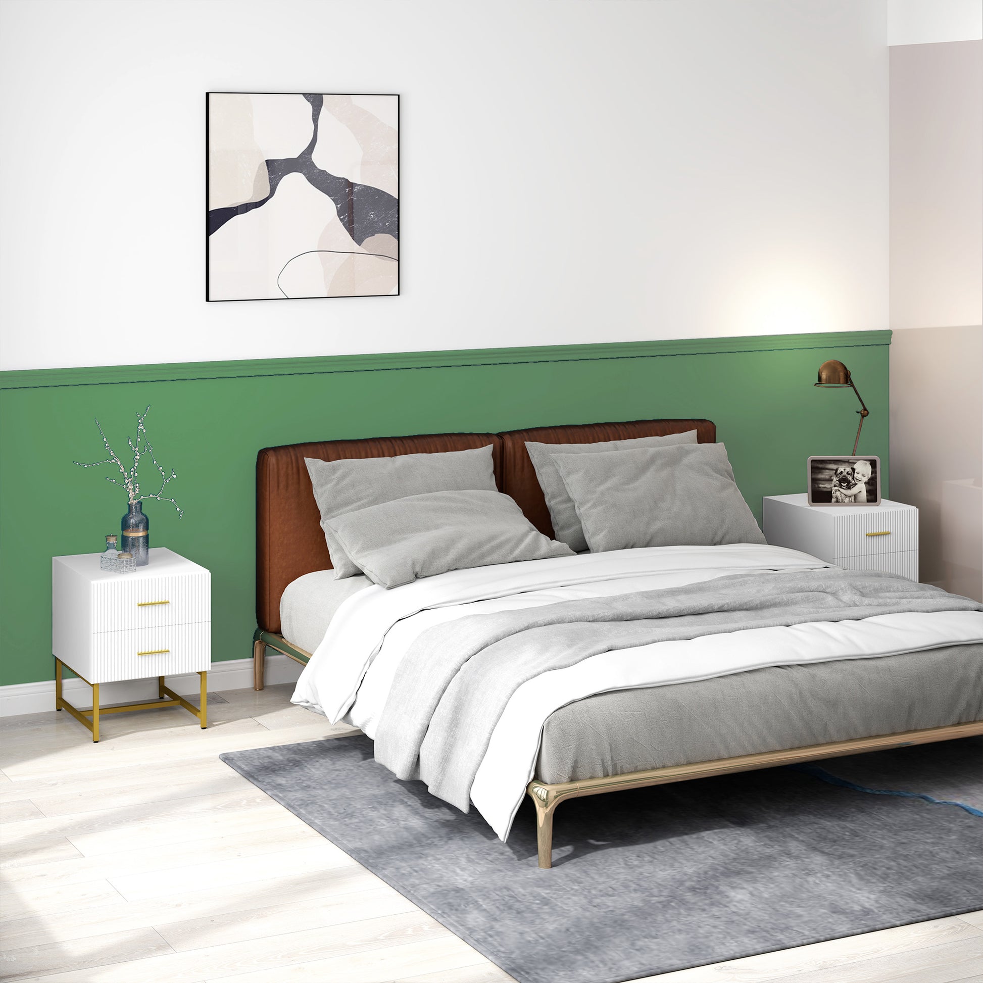 2 Pieces Nightstands with Storage, Modern Bedside Tables with 2 Fluted Drawers and Gold Legs for Bedroom, White-Home Furnishings > Bedroom Furniture > Bedside Tables-DECOROLALA