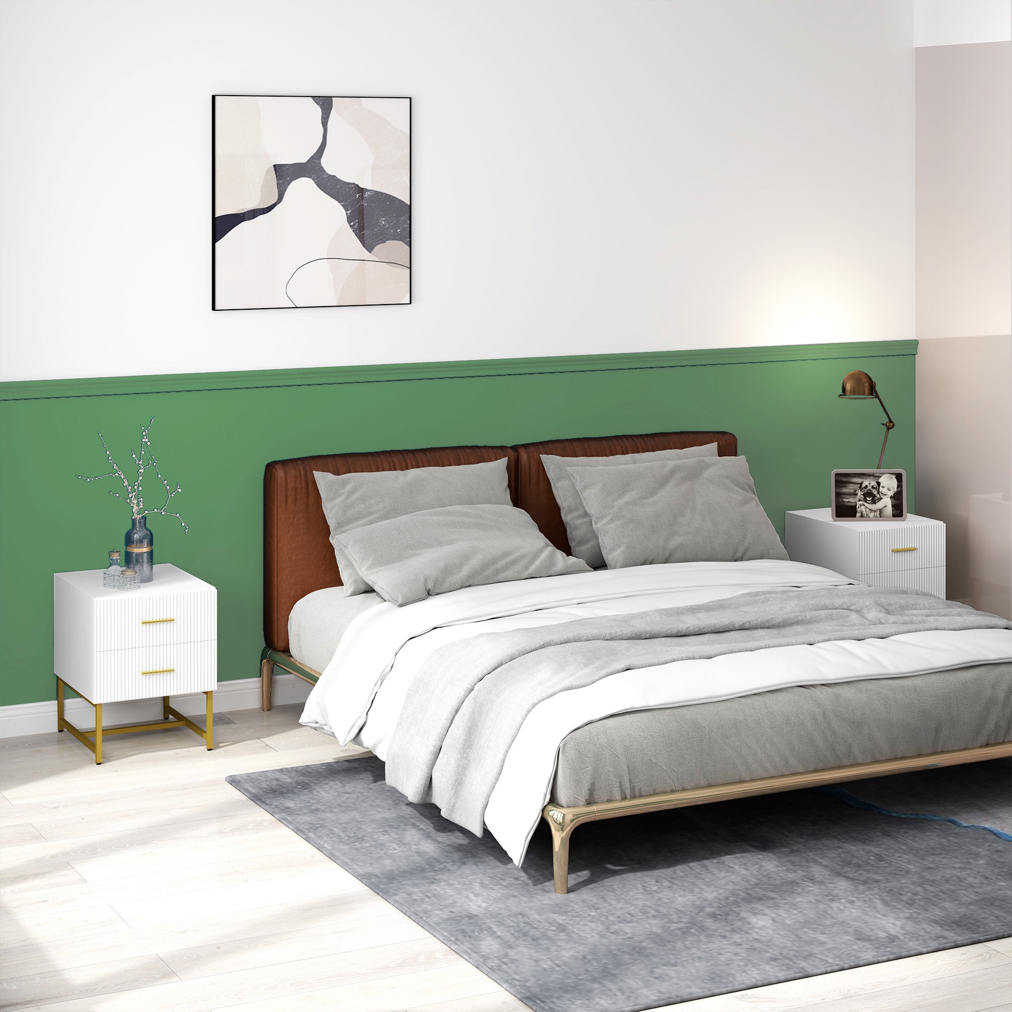 2 Pieces Nightstands with Storage, Modern Bedside Tables with 2 Fluted Drawers and Gold Legs for Bedroom, White-Home Furnishings > Bedroom Furniture > Bedside Tables-DECOROLALA