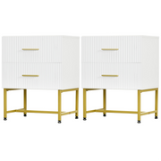2 Pieces Nightstands with Storage, Modern Bedside Tables with 2 Fluted Drawers and Gold Legs for Bedroom, White-Home Furnishings > Bedroom Furniture > Bedside Tables-DECOROLALA